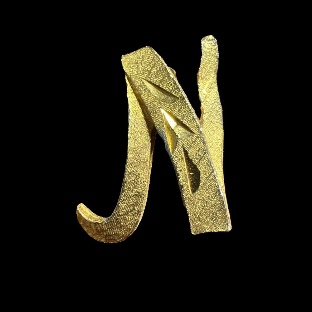 Mamselle Brooch Letter N Initial Brushed Gold Tone Vintage Pin